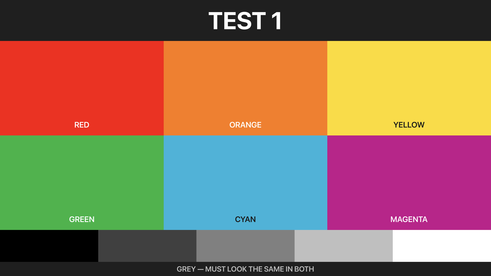 Colour test pattern as the Frame renders it when the photo is sent without conversion, visibly flat and desaturated